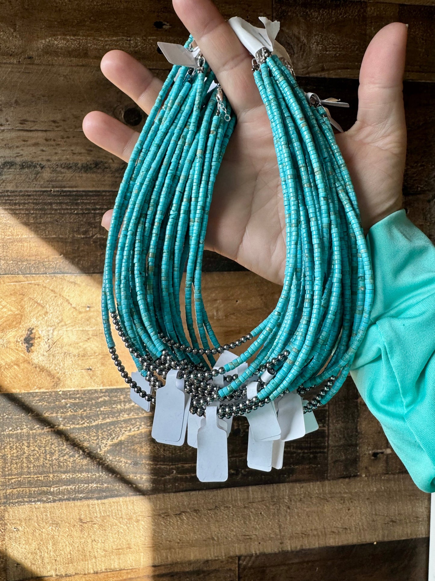 3 mm Sterling Silver Pearls choker with magnesite darker turquoise heishi - western jewelry The Bijoux FAB Jewelry