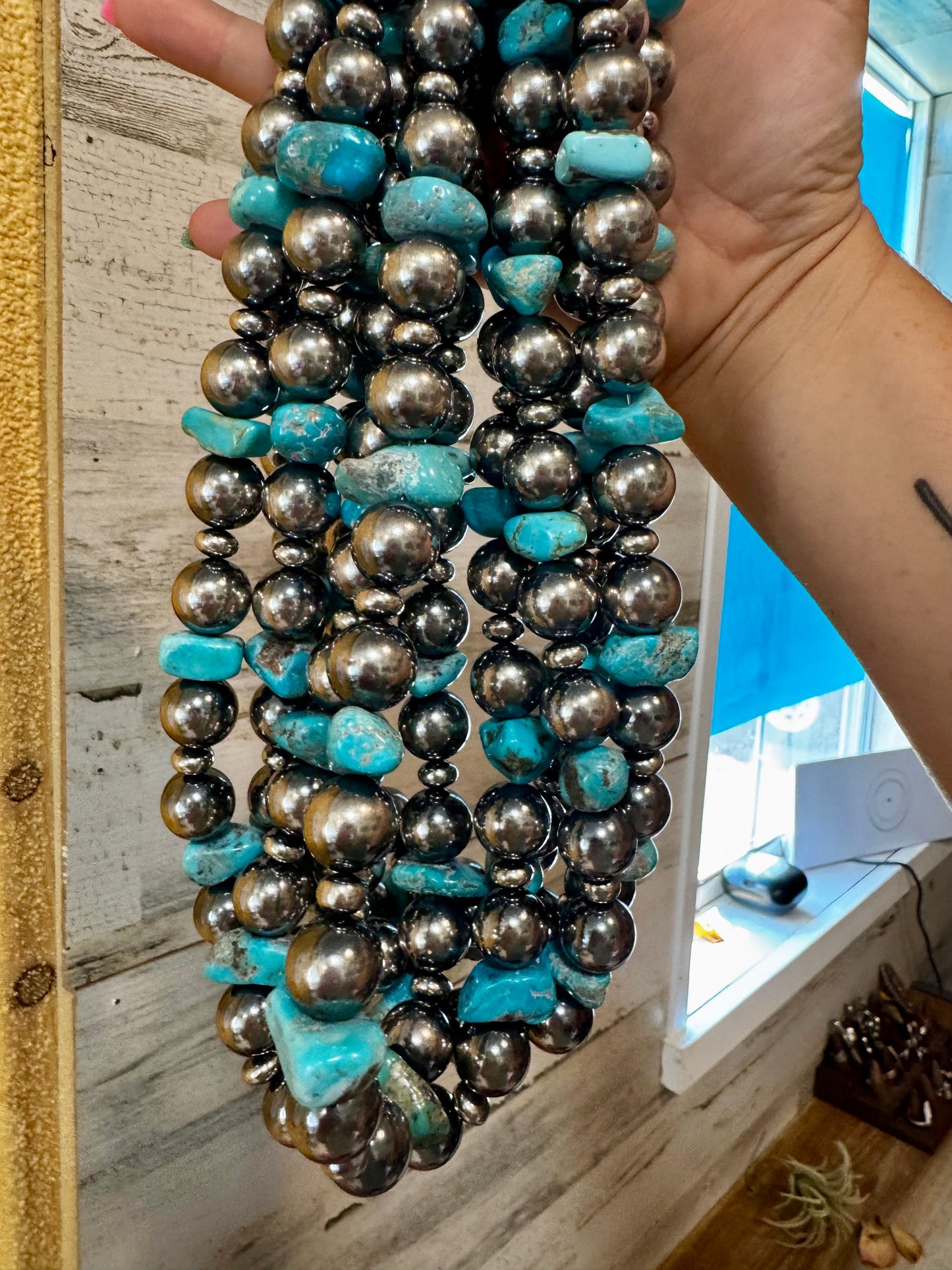 Turquoise Nugget & Sterling Silver Pearl Necklace – 21" The Bijoux FAB Jewelry