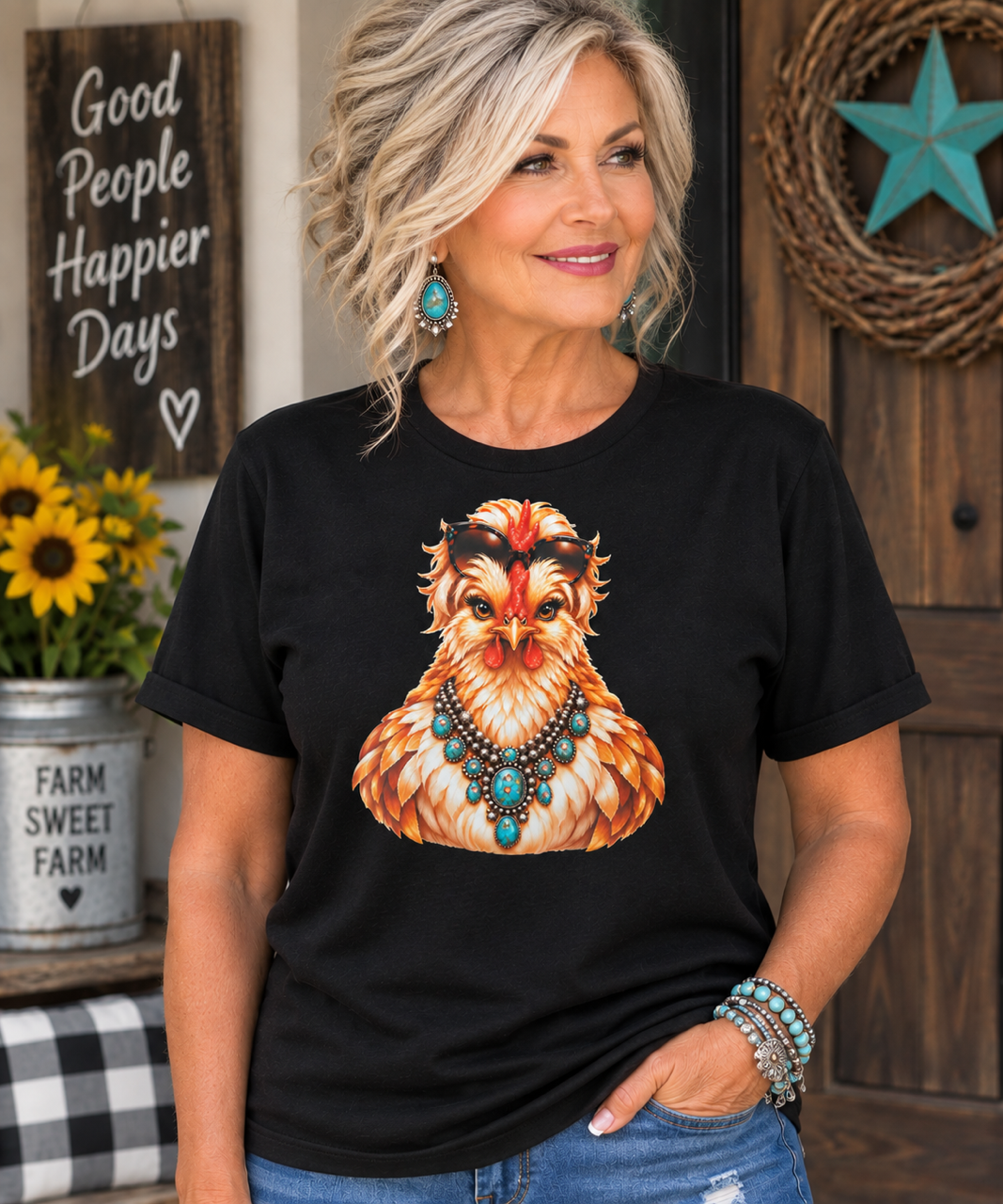 Rhinestone Western Chicken Graphic Tee Cedar Hill Country Market