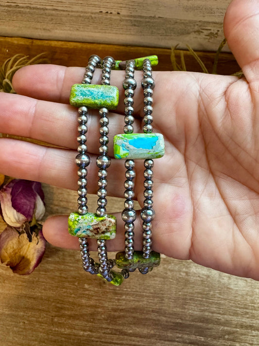 Green/Blue Double Strand Necklace – 13” Beaded – Sterling Silver Pearls & Rectangle Variscite Turquoise The Bijoux FAB Jewelry