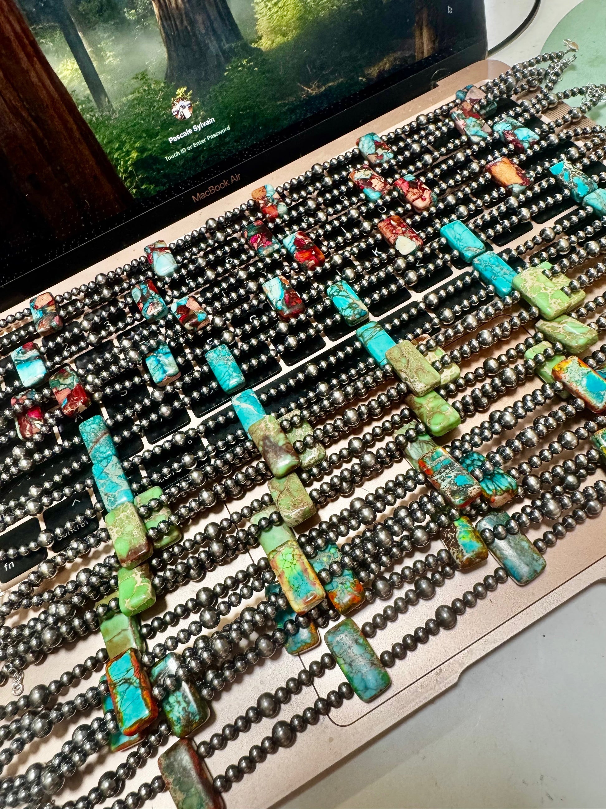 Orange/Turquoise Double Strand Necklace – 13” Beaded – Sterling Silver Pearls & Rectangle Variscite The Bijoux FAB Jewelry