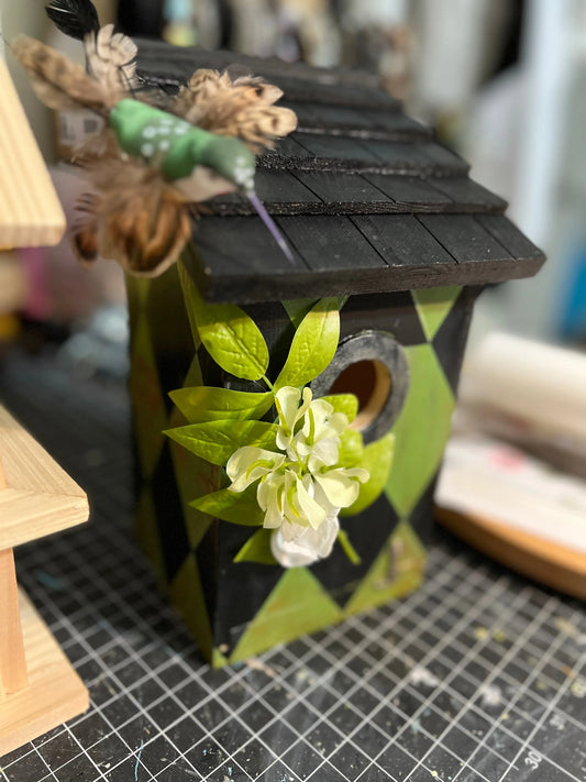Home Decor Harlequin Pattern Green and Black Birdhouse Cedar Hill Country Market