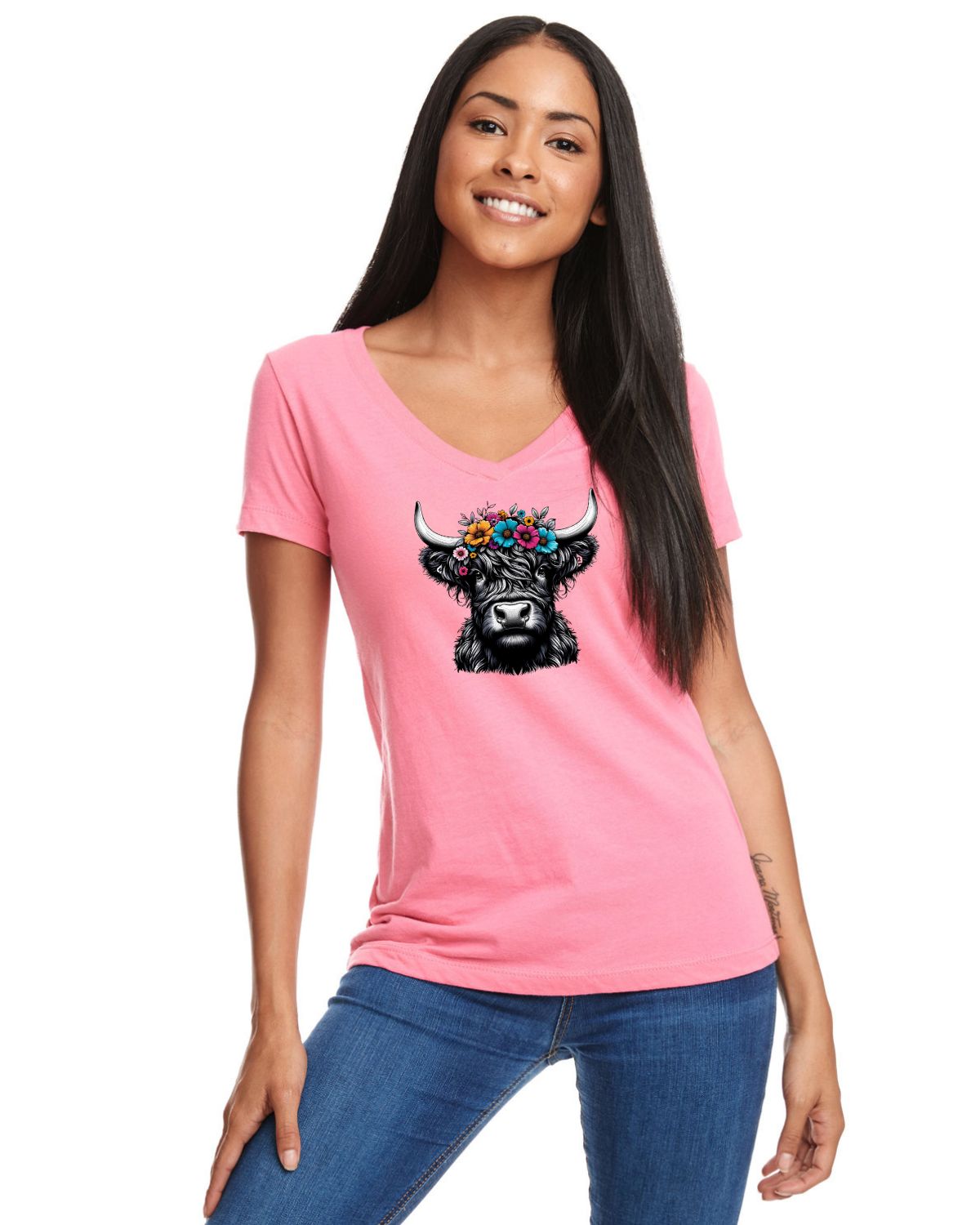 Highland Cow Floral Graphic Tshirt - VNeck Triblend Cedar Hill Country Market