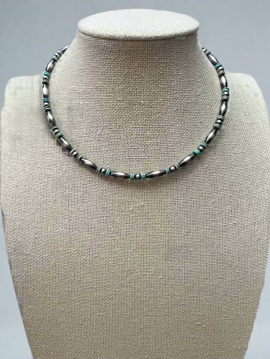 Sterling Melon & Turquoise Bead Choker - 14-inch Cowhide and Conchos