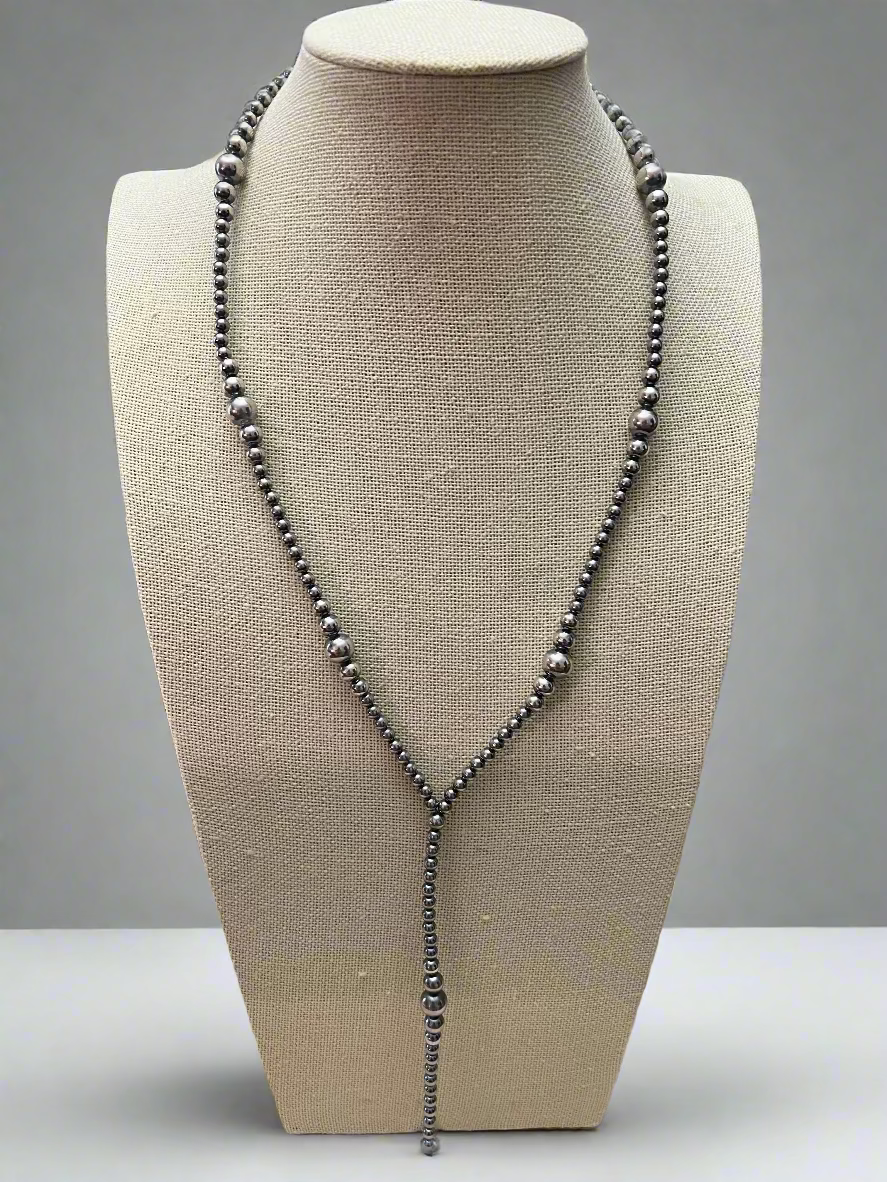 Lariat graduated sterling silver pearl necklace - 18 inch with 4 inch drop Cowhide and Conchos