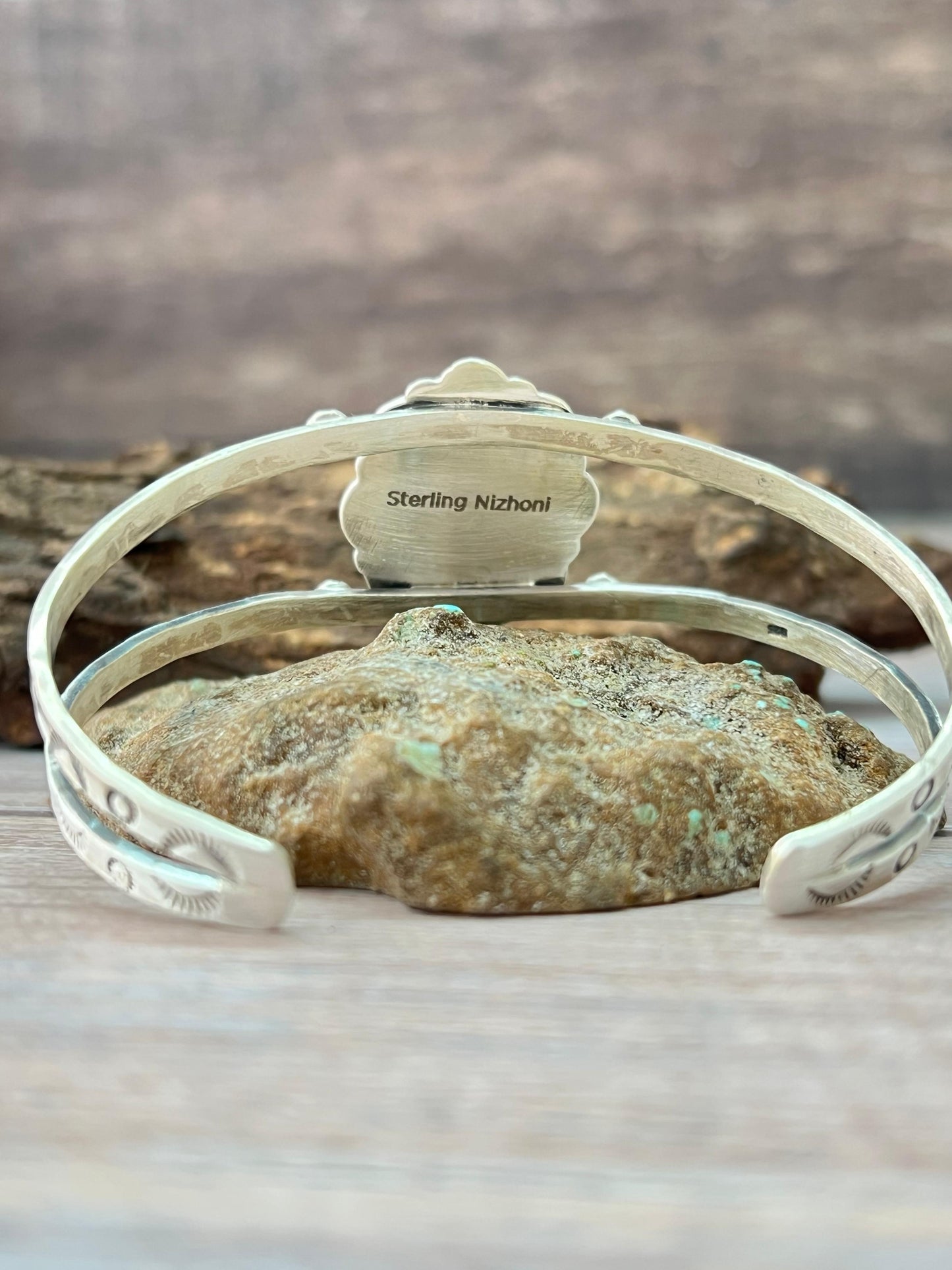 Handmade Sterling Silver Kingman Turquoise Bracelet with Signed Nizhoni Nizhoni Traders LLC