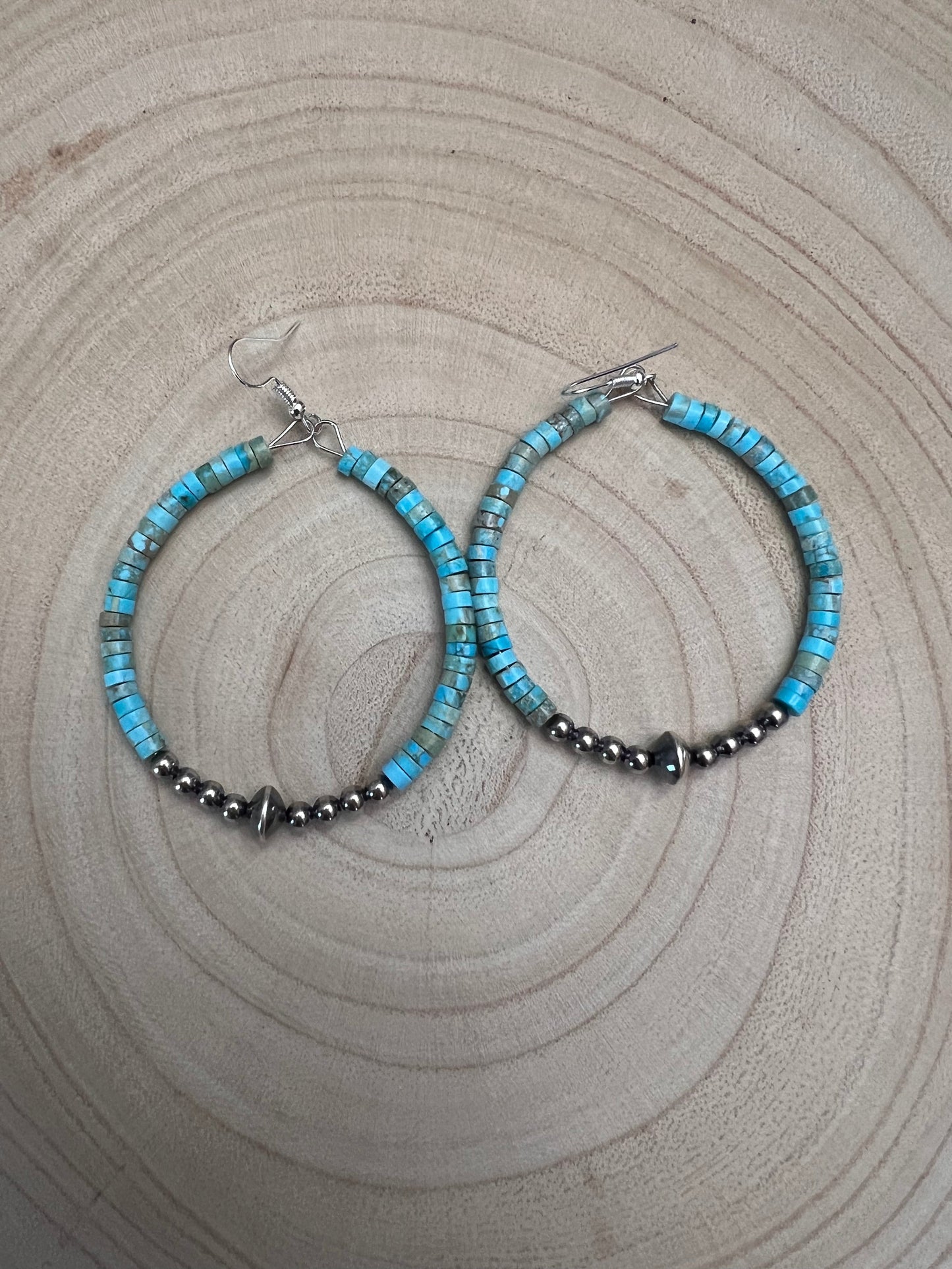 Hoop Earrings With Turquoise & Sterling Silver Pearls & Saucer Cowhide and Conchos