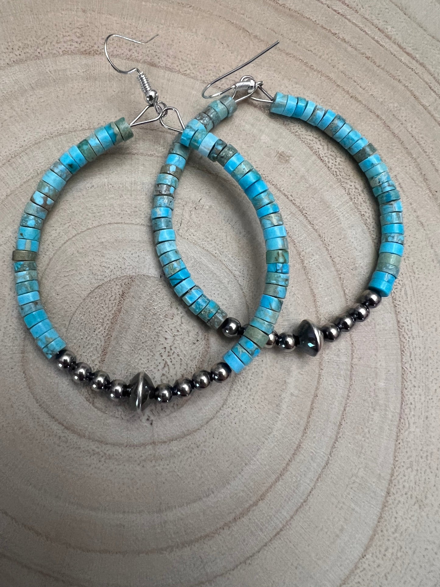 Hoop Earrings With Turquoise & Sterling Silver Pearls & Saucer Cowhide and Conchos