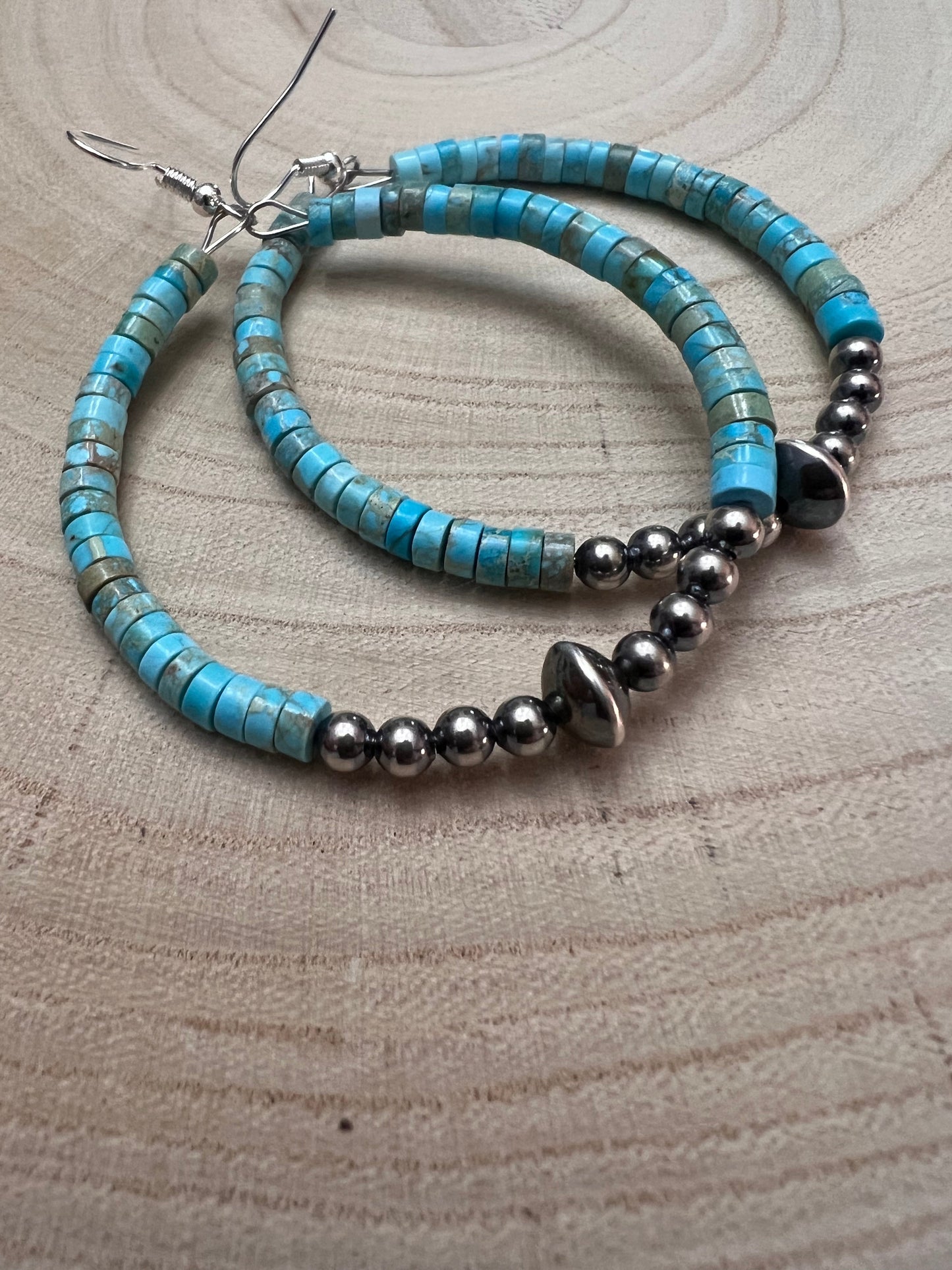 Hoop Earrings With Turquoise & Sterling Silver Pearls & Saucer Cowhide and Conchos