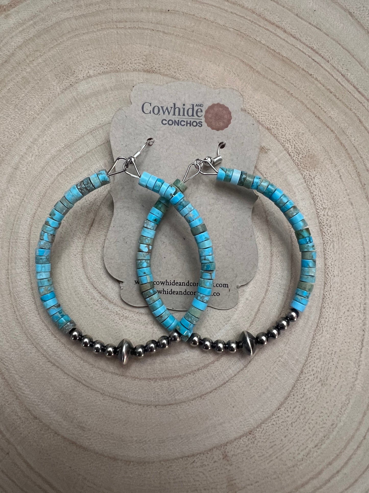 Hoop Earrings With Turquoise & Sterling Silver Pearls & Saucer Cowhide and Conchos