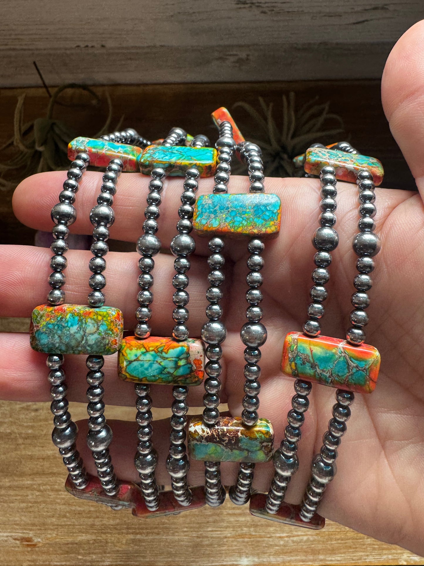 Orange/Turquoise Double Strand Necklace – 13” Beaded – Sterling Silver Pearls & Rectangle Variscite The Bijoux FAB Jewelry