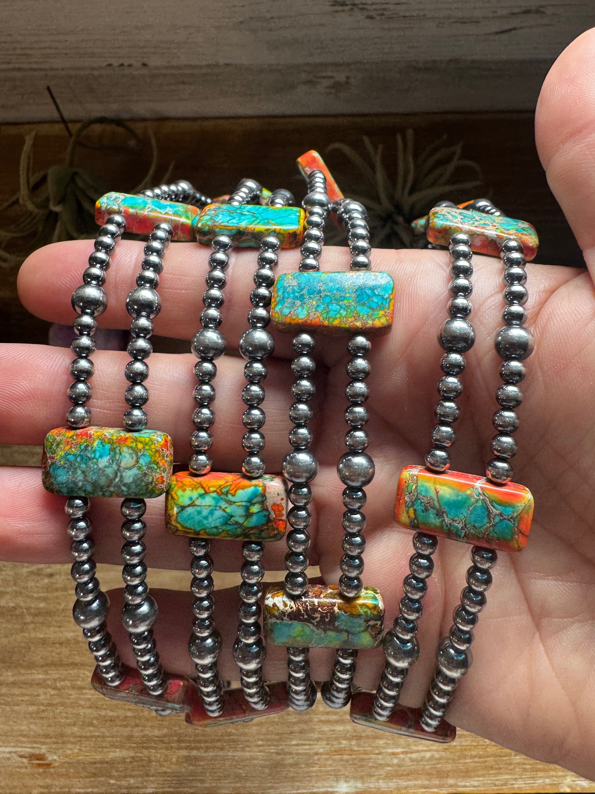 Orange/Turquoise Double Strand Necklace – 13” Beaded – Sterling Silver Pearls & Rectangle Variscite The Bijoux FAB Jewelry