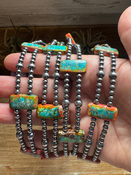 Orange/Turquoise Double Strand Necklace – 13” Beaded – Sterling Silver Pearls & Rectangle Variscite The Bijoux FAB Jewelry