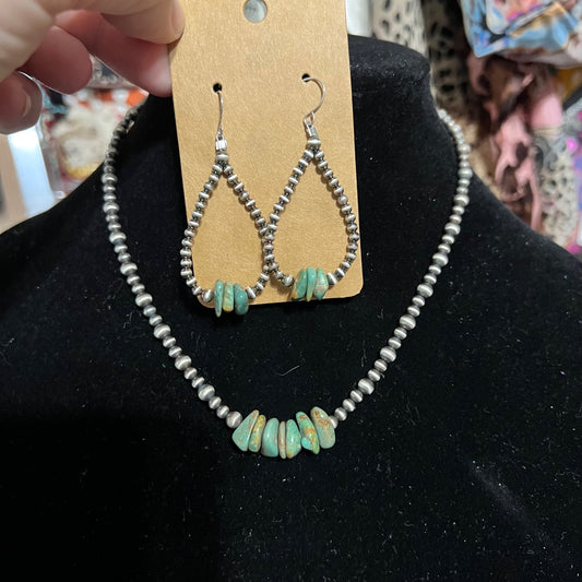 Open Source Turquoise on Sterling Silver Hand strung Bead Necklace Set Cedar Hill Country Market