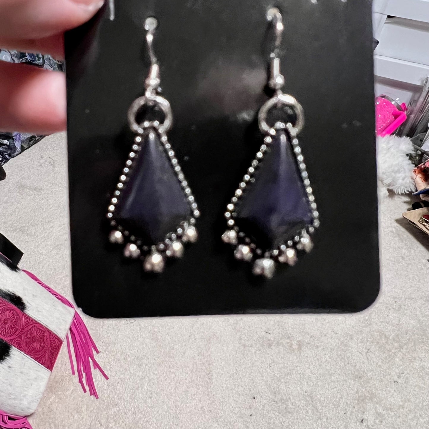Dark Navy Triangle Silver Bead Earrings Cedar Hill Country Market