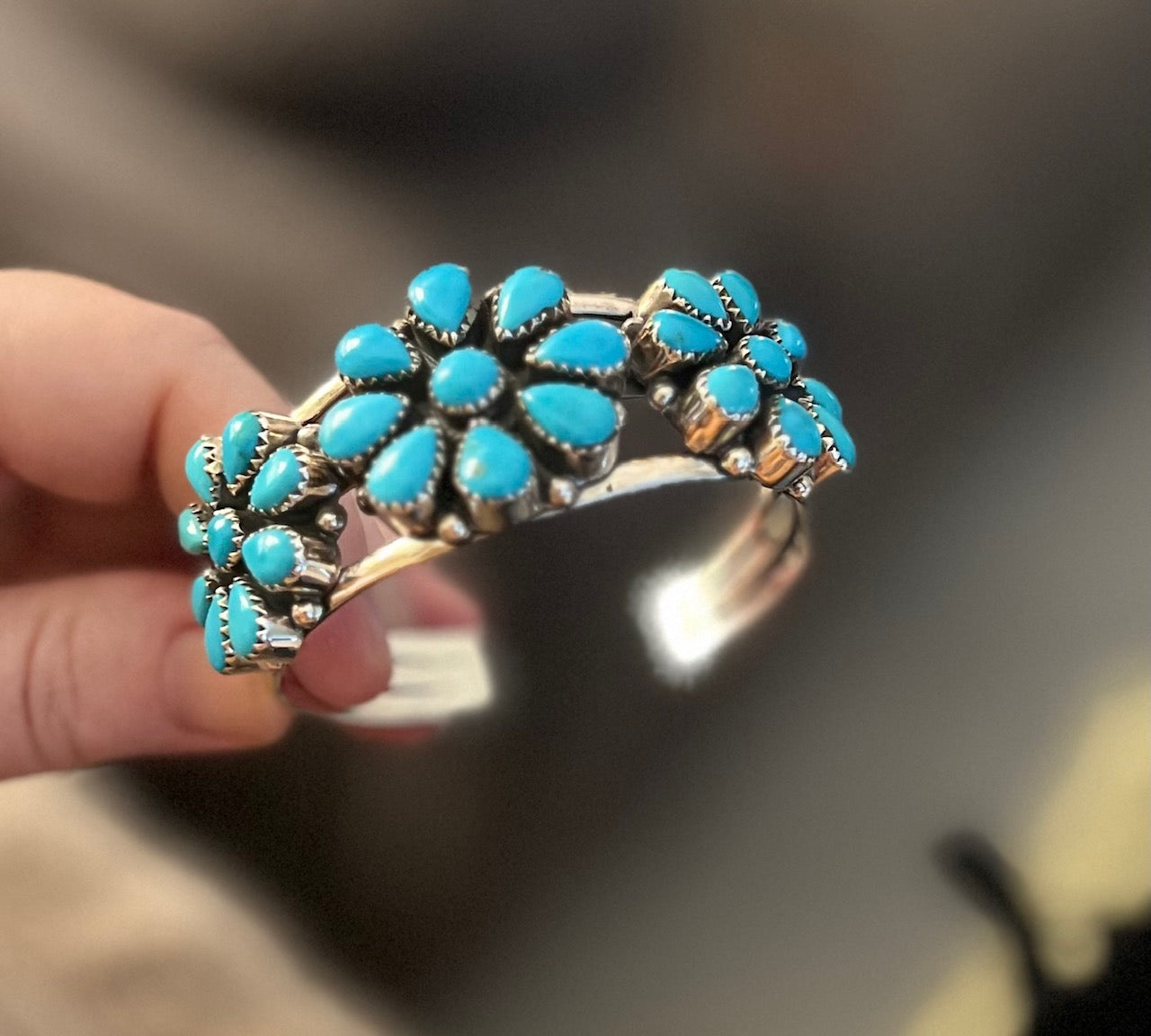 Genuine Turquoise NON Native Sterling Silver Triplet Flower Cuff -  No. 101 Cedar Hill Country Market