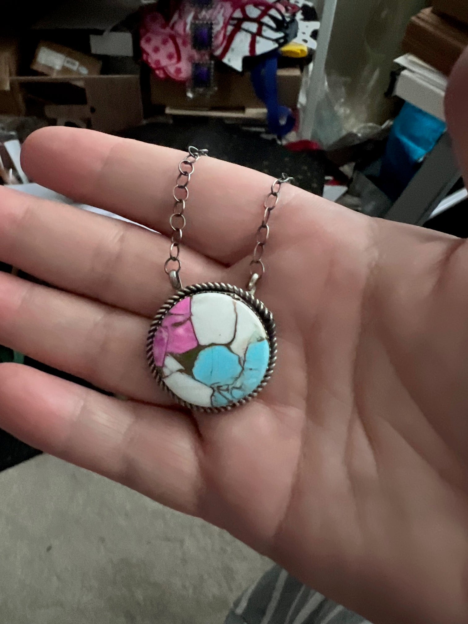 Artist Tia Long Navajo Handmade Round Cotton Candy Pendant Necklace - No 410 Cedar Hill Country Market