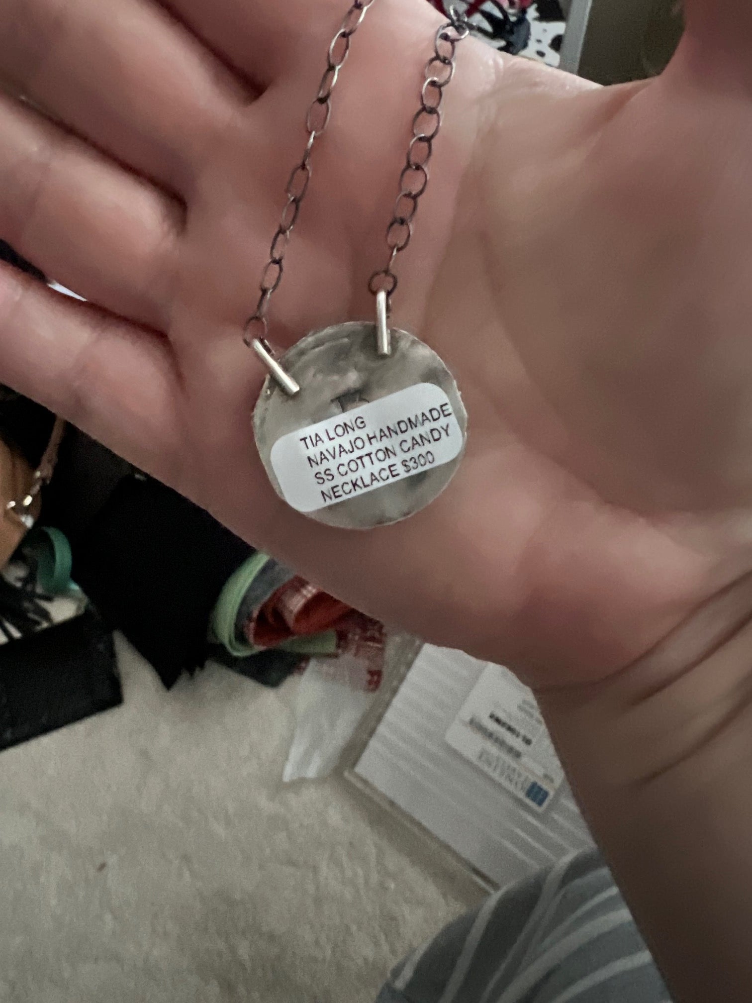 Artist Tia Long Navajo Handmade Round Cotton Candy Pendant Necklace - No 410 Cedar Hill Country Market