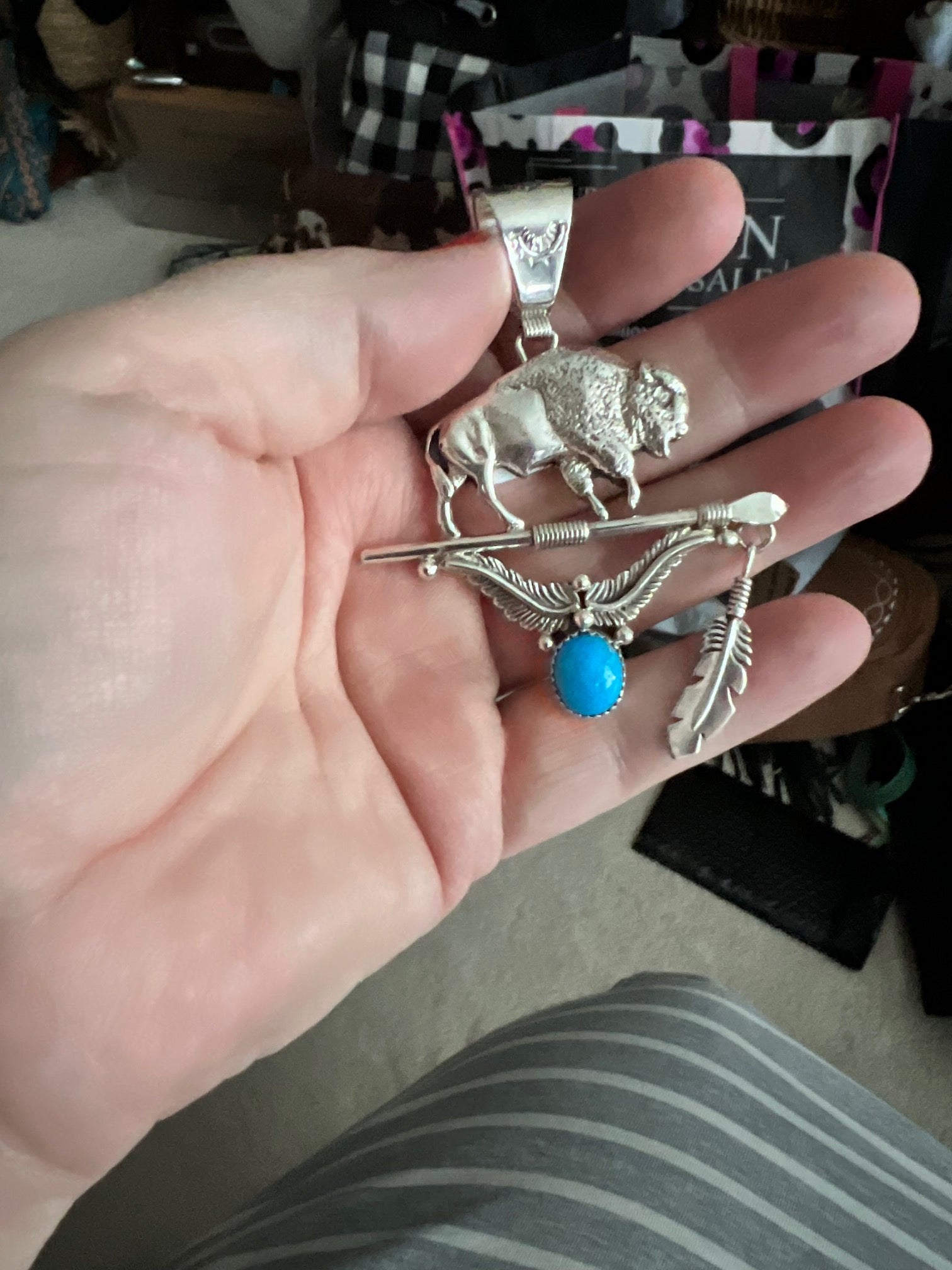 Mark Barney Navajo Handmade Kingman Turquoise Buffalo Bull Pendant No 408 Cedar Hill Country Market