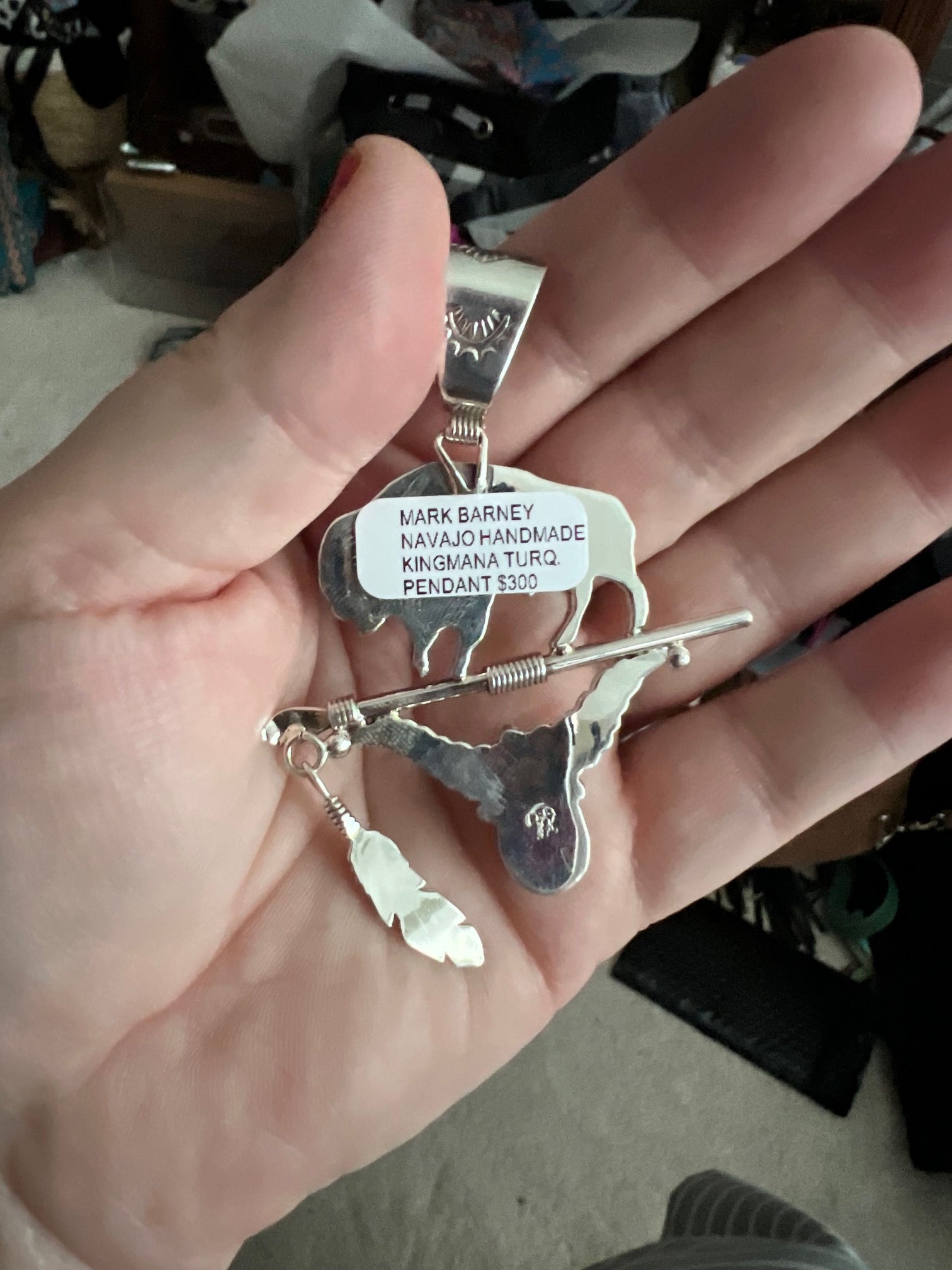 Mark Barney Navajo Handmade Kingman Turquoise Buffalo Bull Pendant No 408 Cedar Hill Country Market
