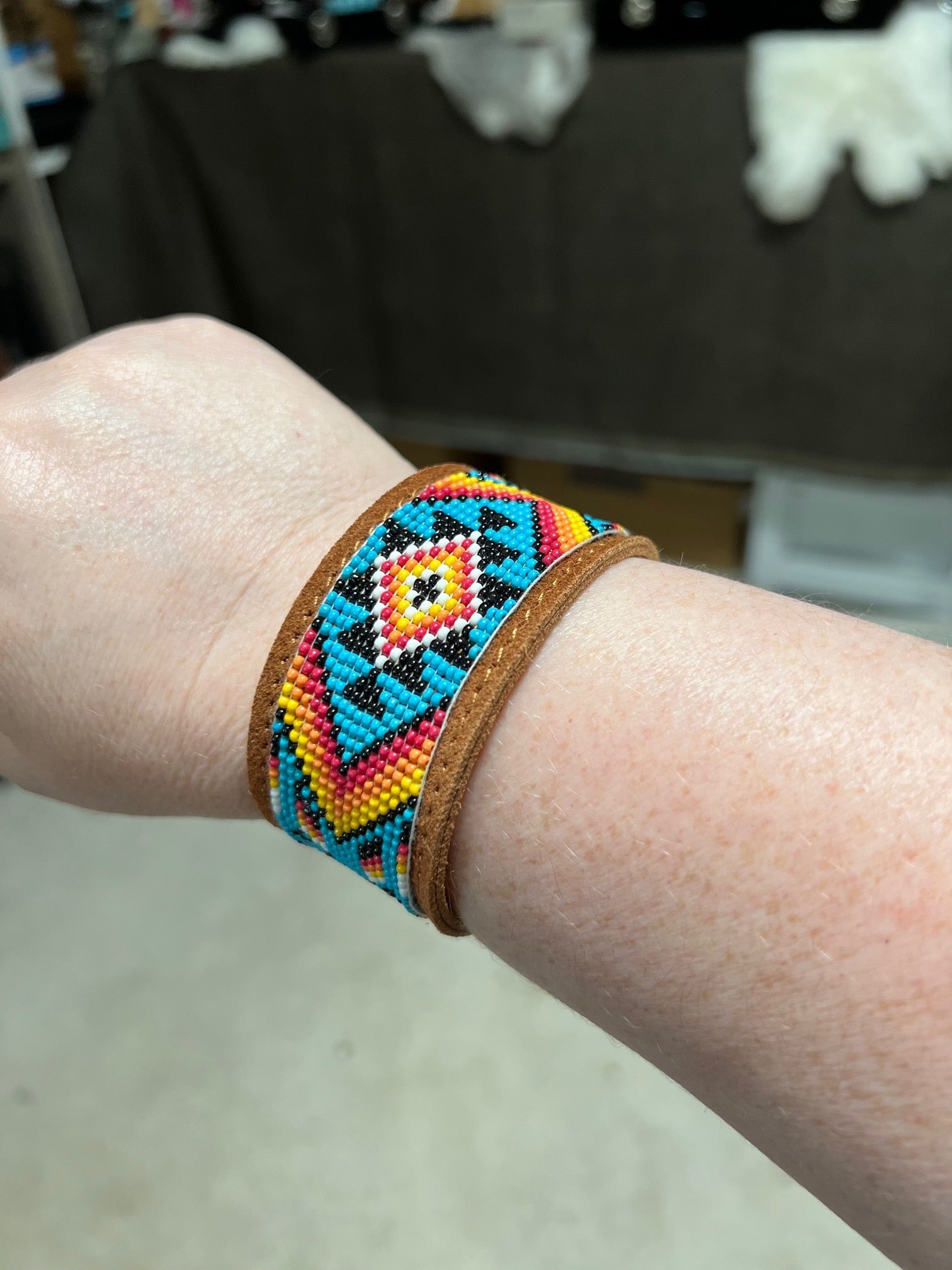 Western Aztec Pattern Seed Bead Leather Cuff Bracelet No 607 Cedar Hill Country Market