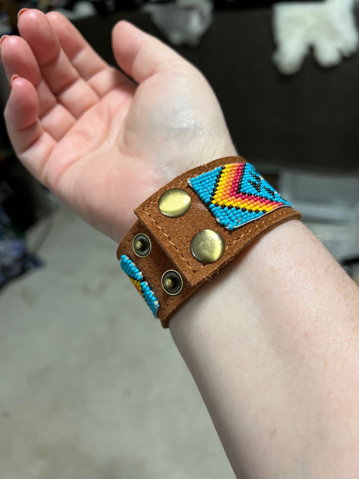 Western Aztec Pattern Seed Bead Leather Cuff Bracelet No 607 Cedar Hill Country Market