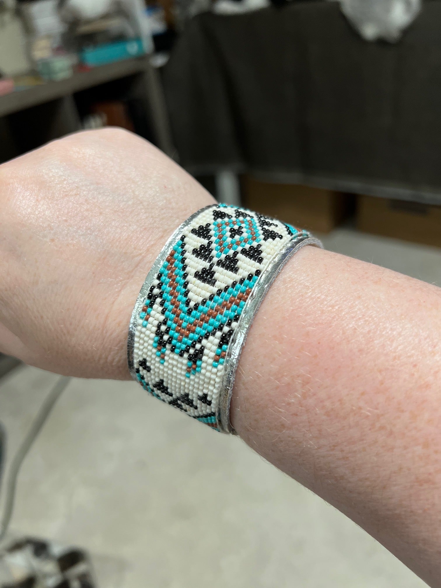 Western Aztec Pattern Seed Bead Leather Cuff Bracelet No 607 Cedar Hill Country Market