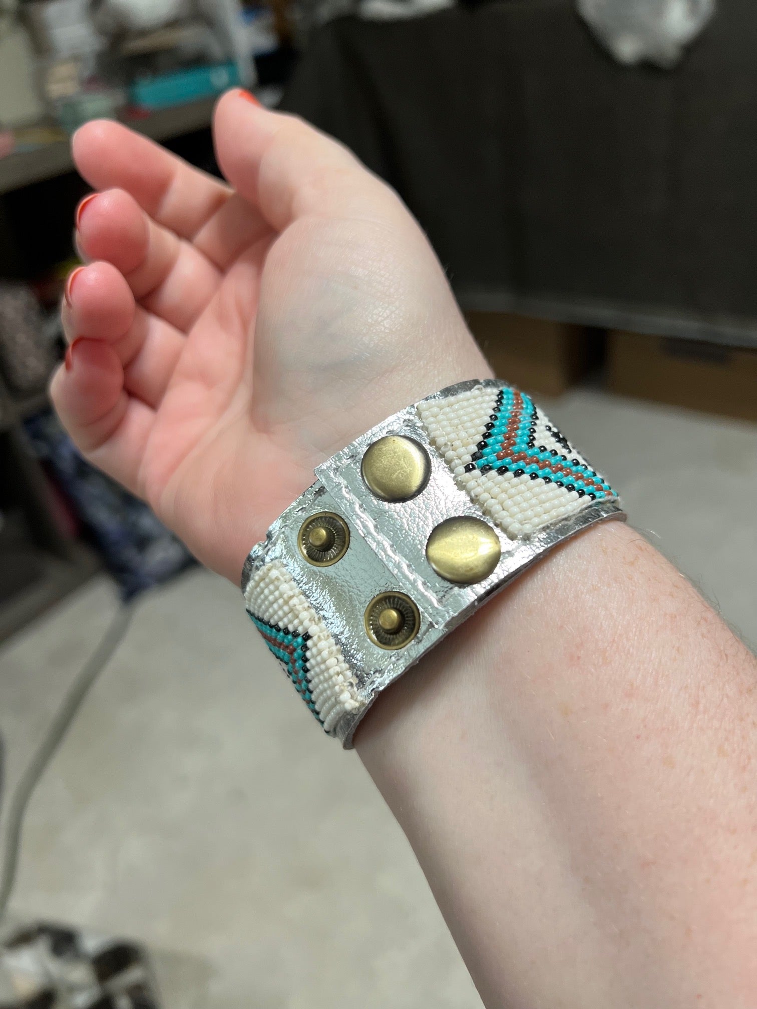 Western Aztec Pattern Seed Bead Leather Cuff Bracelet No 607 Cedar Hill Country Market