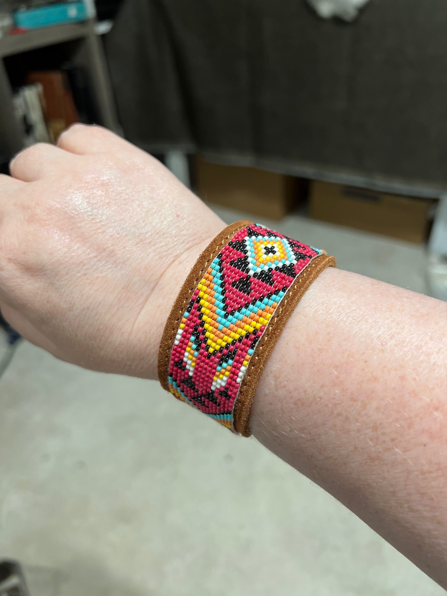 Western Aztec Pattern Seed Bead Leather Cuff Bracelet No 607 Cedar Hill Country Market