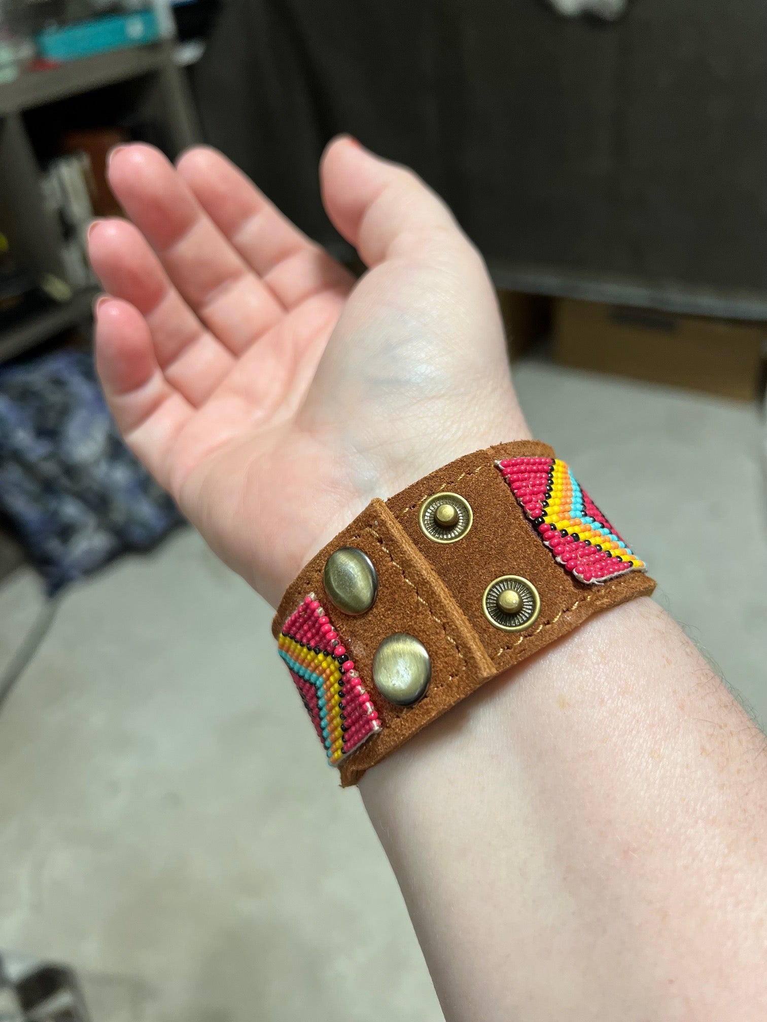 Western Aztec Pattern Seed Bead Leather Cuff Bracelet No 607 Cedar Hill Country Market