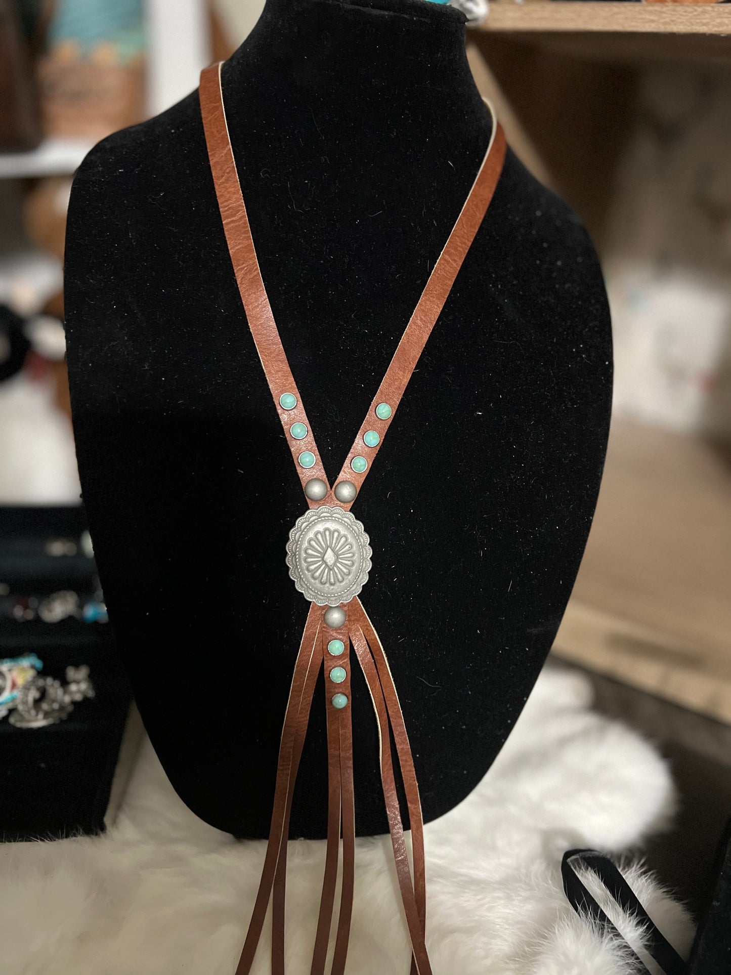 Faux Leather Bolero with Concho and Fashion Turquoise Stones 30 " No 703 Cedar Hill Country Market