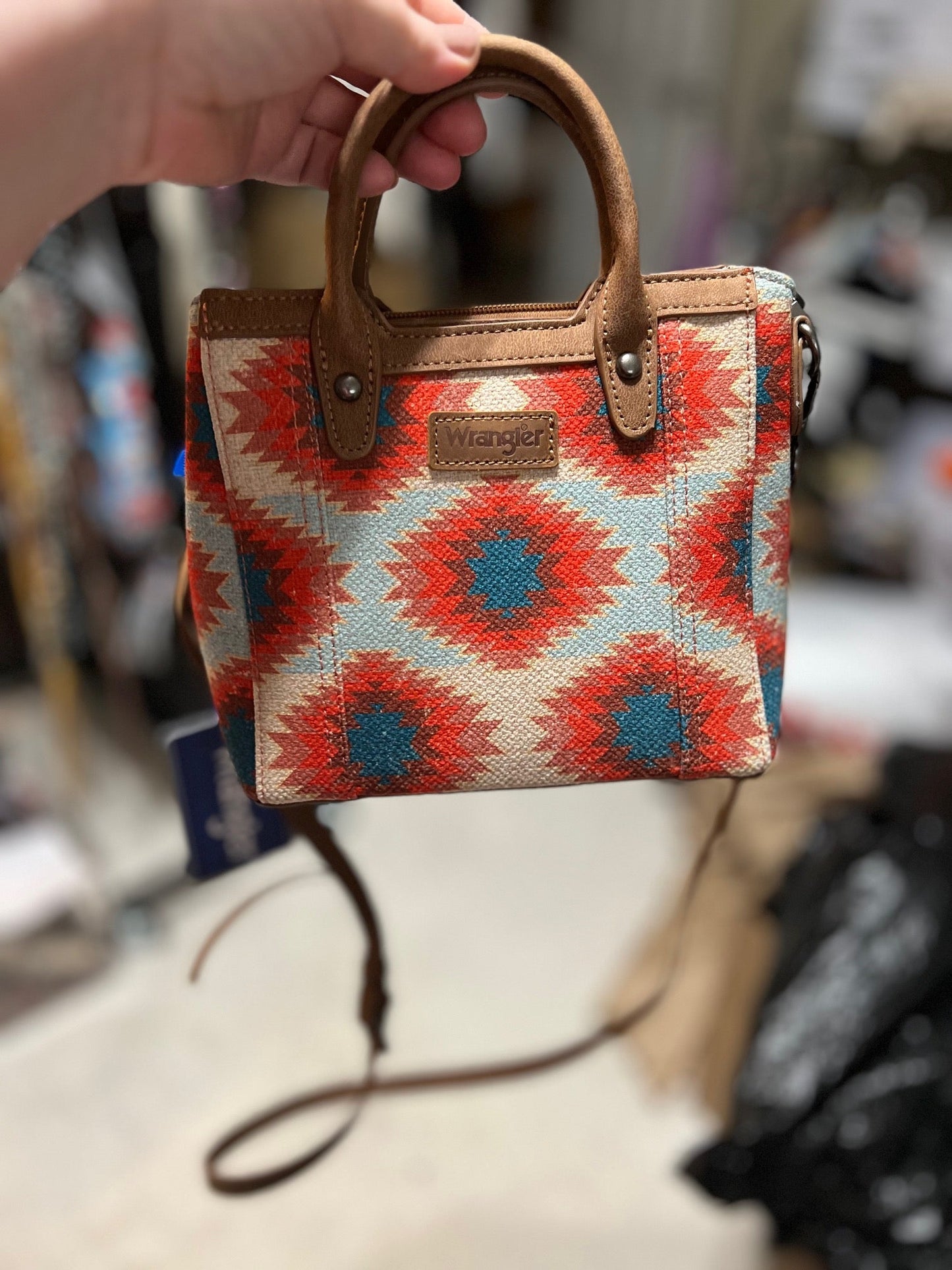 Wrangler Aztec Distressed Print Dual Sided Print Mini Tote/Crossbody -Red No. 926 Cedar Hill Country Market