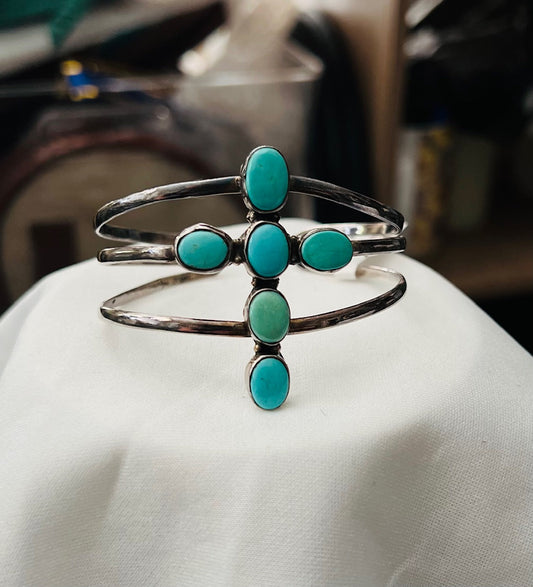 Genuine Sterling Silver Navajo Handmade Turquoise Cross Cuff - No. 704 Cedar Hill Country Market