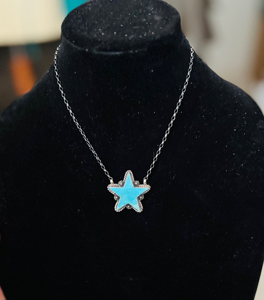 Navajo Handmade Genuine Kingman Turquoise Star Sterling Silver Necklace - Artist Donovan Skeet No 710 Cedar Hill Country Market