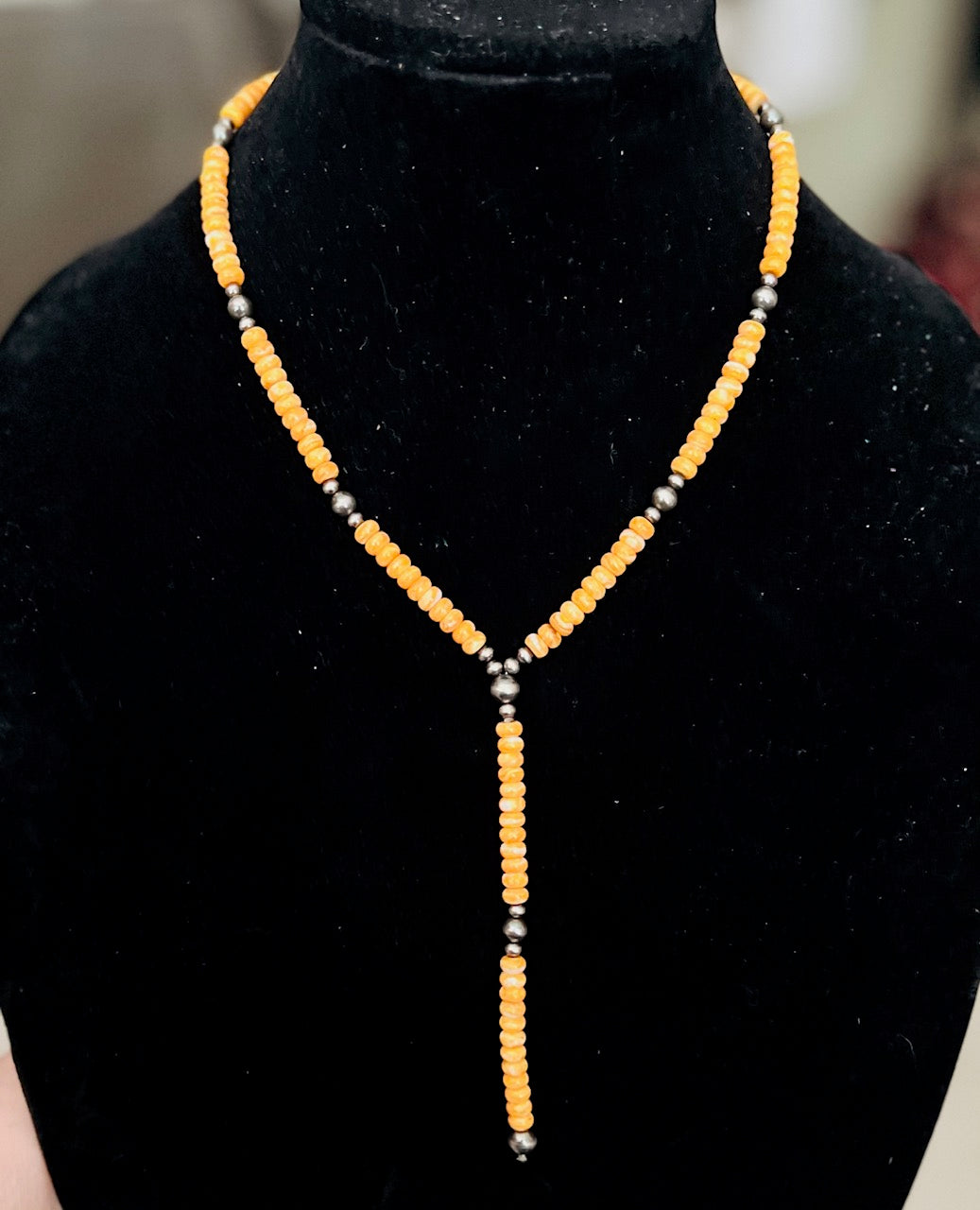 Spiny Oyster Lariat with Navajo Handmade Sterling Silver Pearl Necklace No. 715 Cedar Hill Country Market