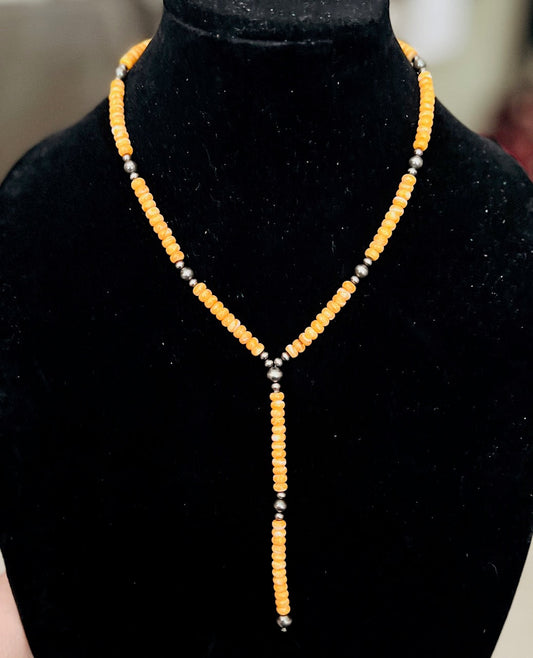 Spiny Oyster Lariat with Navajo Handmade Sterling Silver Pearl Necklace No. 715 Cedar Hill Country Market