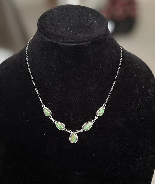 Green Mojave Turquoise Sterling Silver Lariat Teardrop 5 stone Necklace No. 714 Cedar Hill Country Market