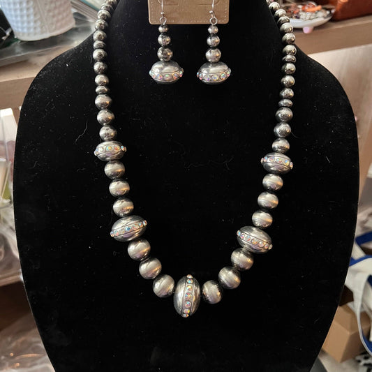 Navajo Inspired Fashion Forward Silver Pearls with AB Stone Necklace Set Cedar Hill Country Market