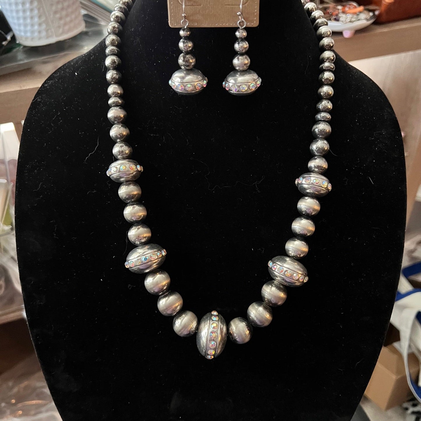 Navajo Inspired Fashion Forward Silver Pearls with AB Stone Necklace Set Cedar Hill Country Market
