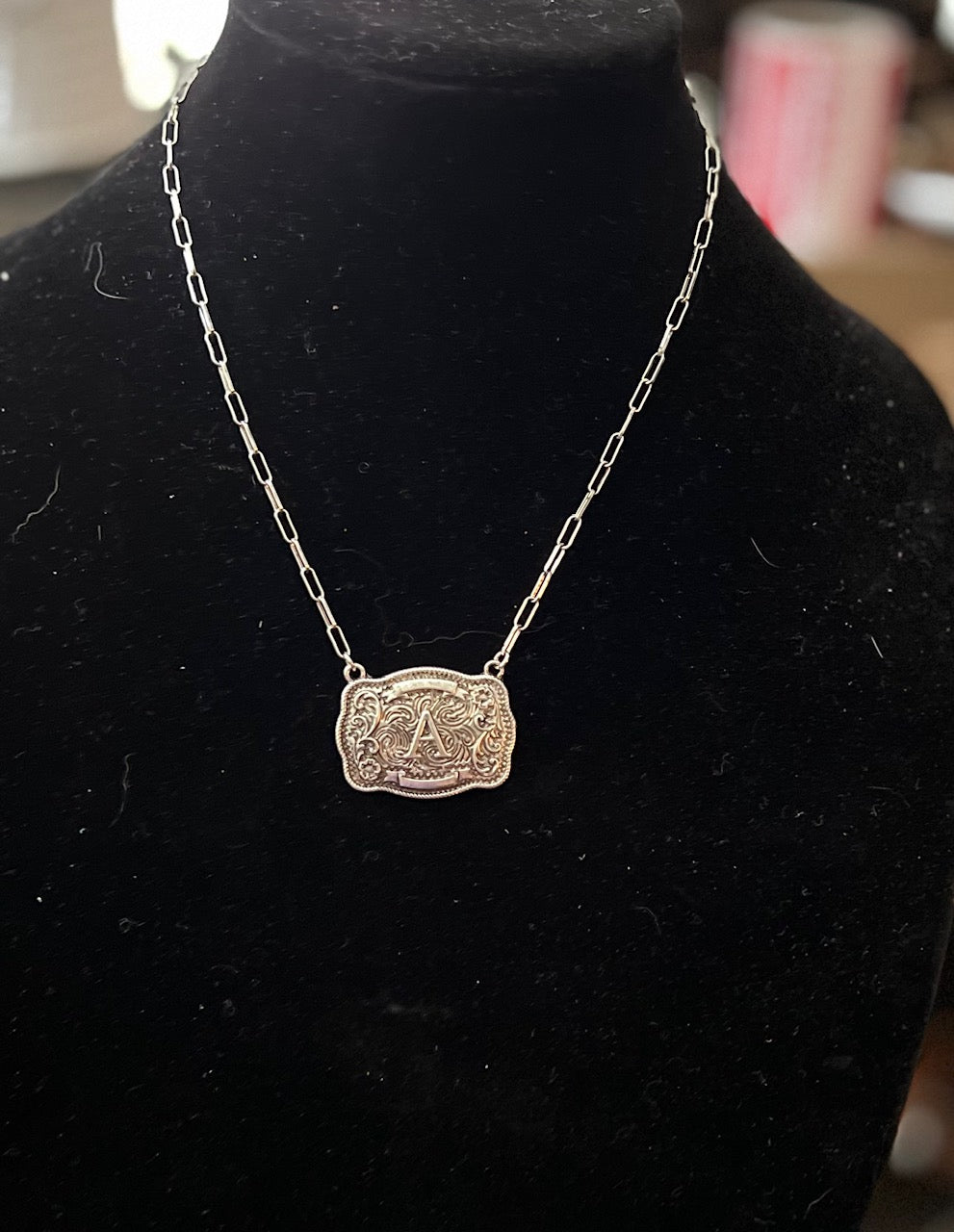 FASHION Belt Buckle Initial Necklace with Paper Clip Chain Cedar Hill Country Market