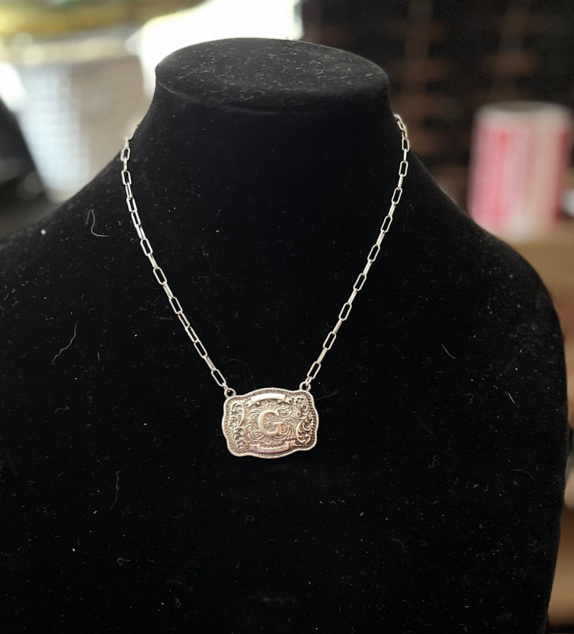 FASHION Belt Buckle Initial Necklace with Paper Clip Chain Cedar Hill Country Market