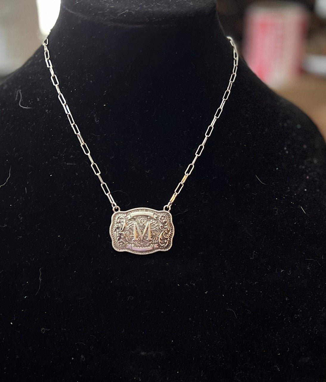 FASHION Belt Buckle Initial Necklace with Paper Clip Chain Cedar Hill Country Market