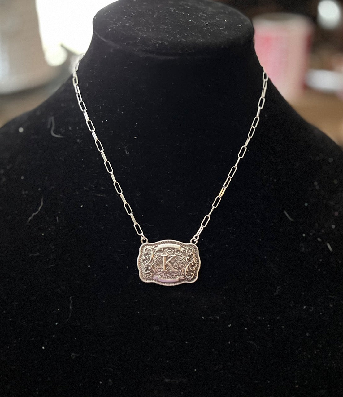 FASHION Belt Buckle Initial Necklace with Paper Clip Chain Cedar Hill Country Market