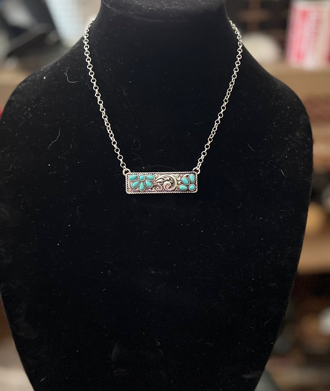 Silver Fashion Floral Turquoise Bar Necklace Cedar Hill Country Market