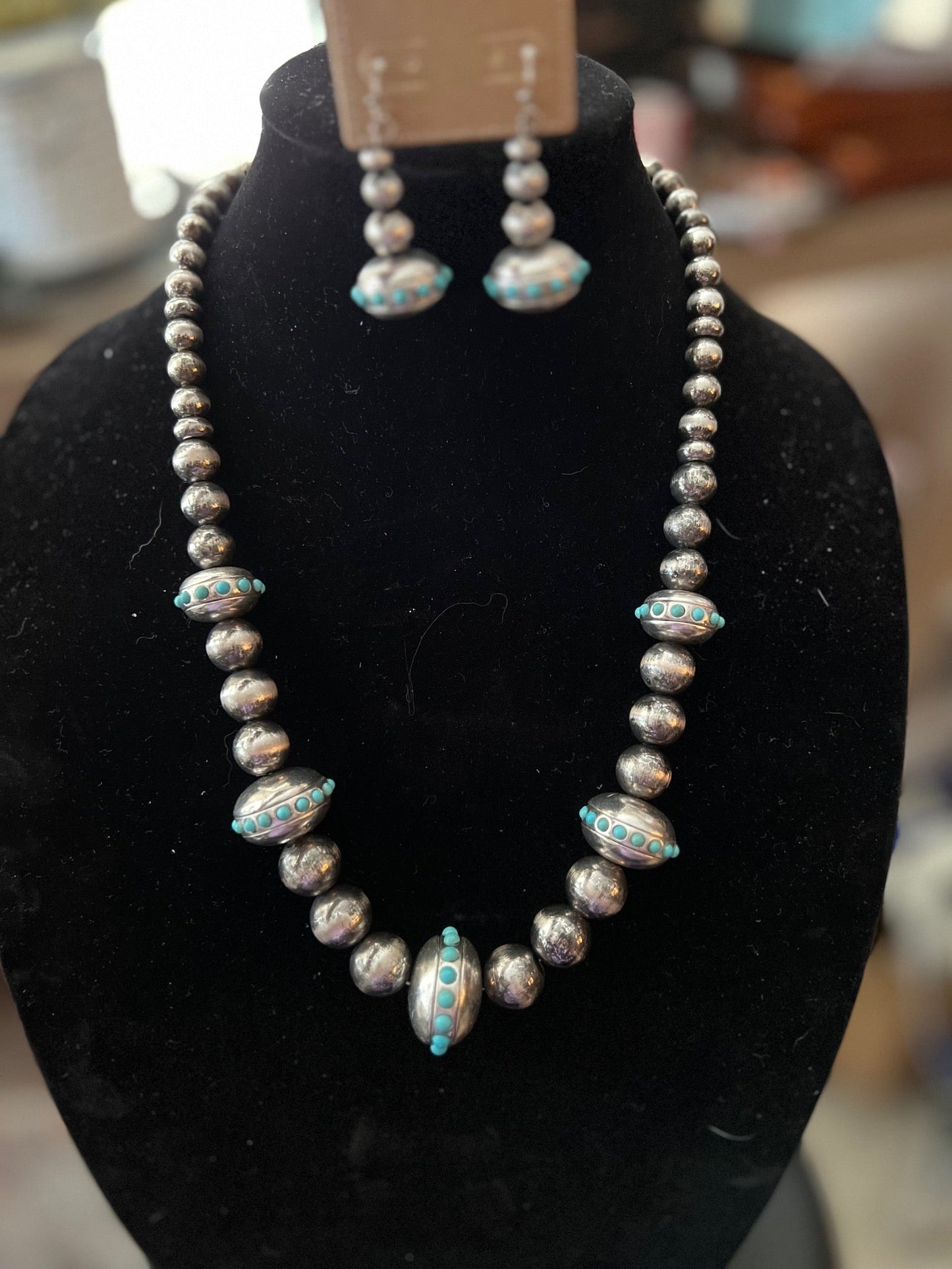 Navajo Inspired Fashion Forward Silver Pearls with AB Stone Necklace Set Cedar Hill Country Market