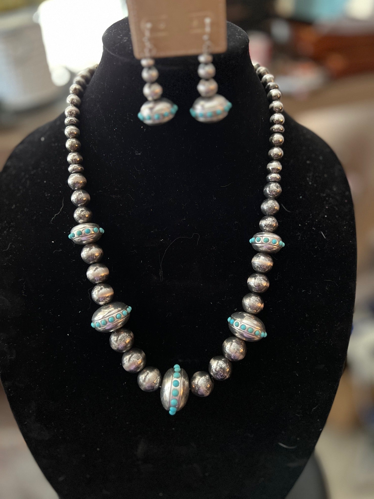 Navajo Inspired Fashion Forward Silver Pearls with AB Stone Necklace Set Cedar Hill Country Market