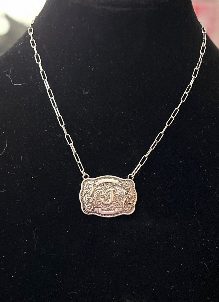 FASHION Belt Buckle Initial Necklace with Paper Clip Chain Cedar Hill Country Market