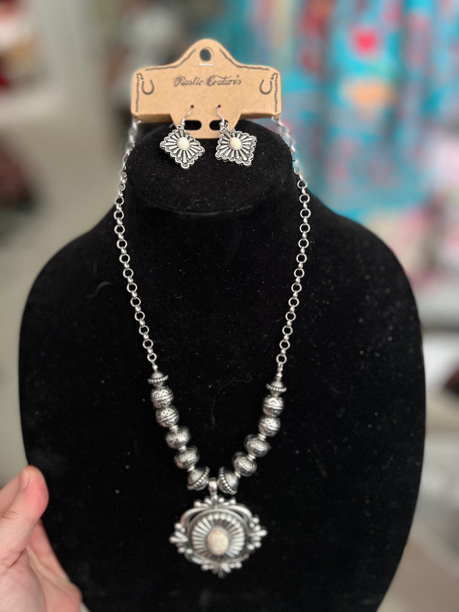 Navajo Inspired Silver Concho Pendant Necklace Set Cedar Hill Country Market