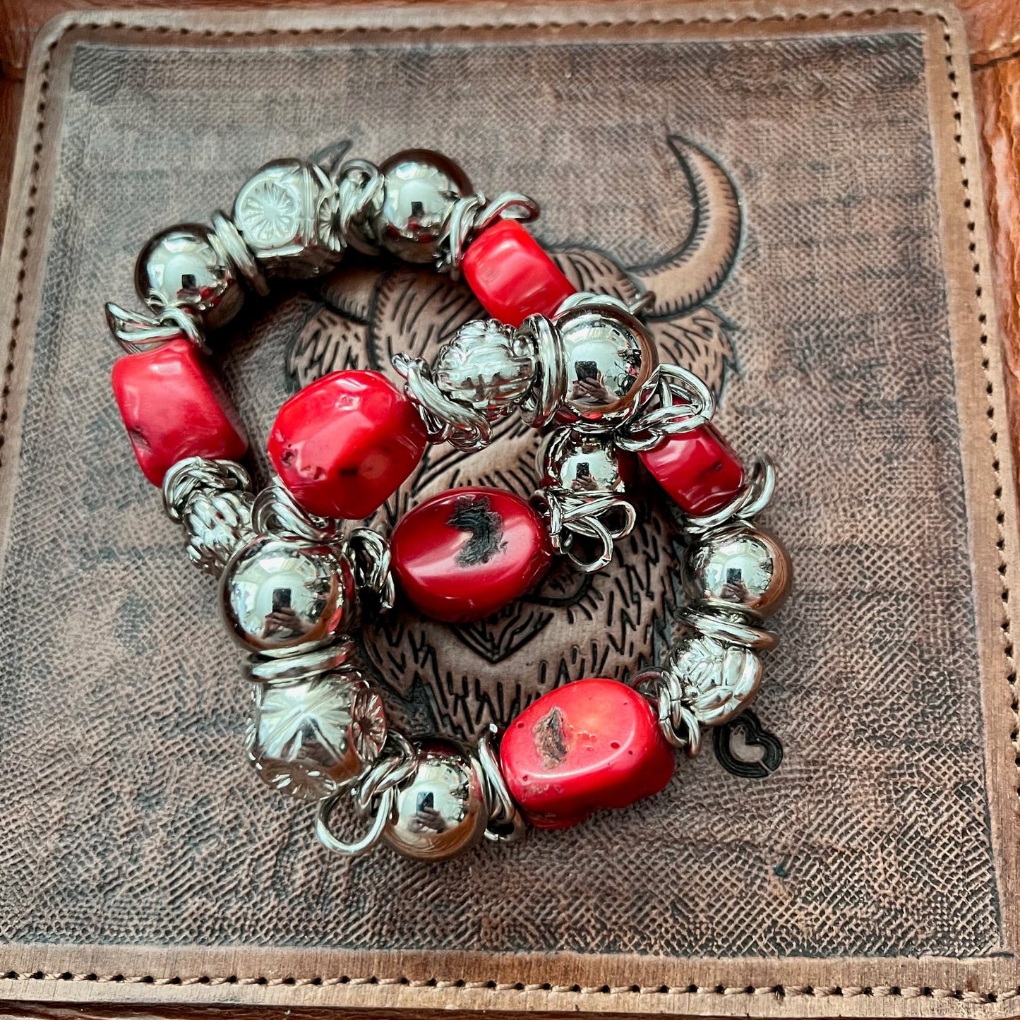 Red Fashion Coral and Silver Stretch Bracelet Cedar Hill Country Market