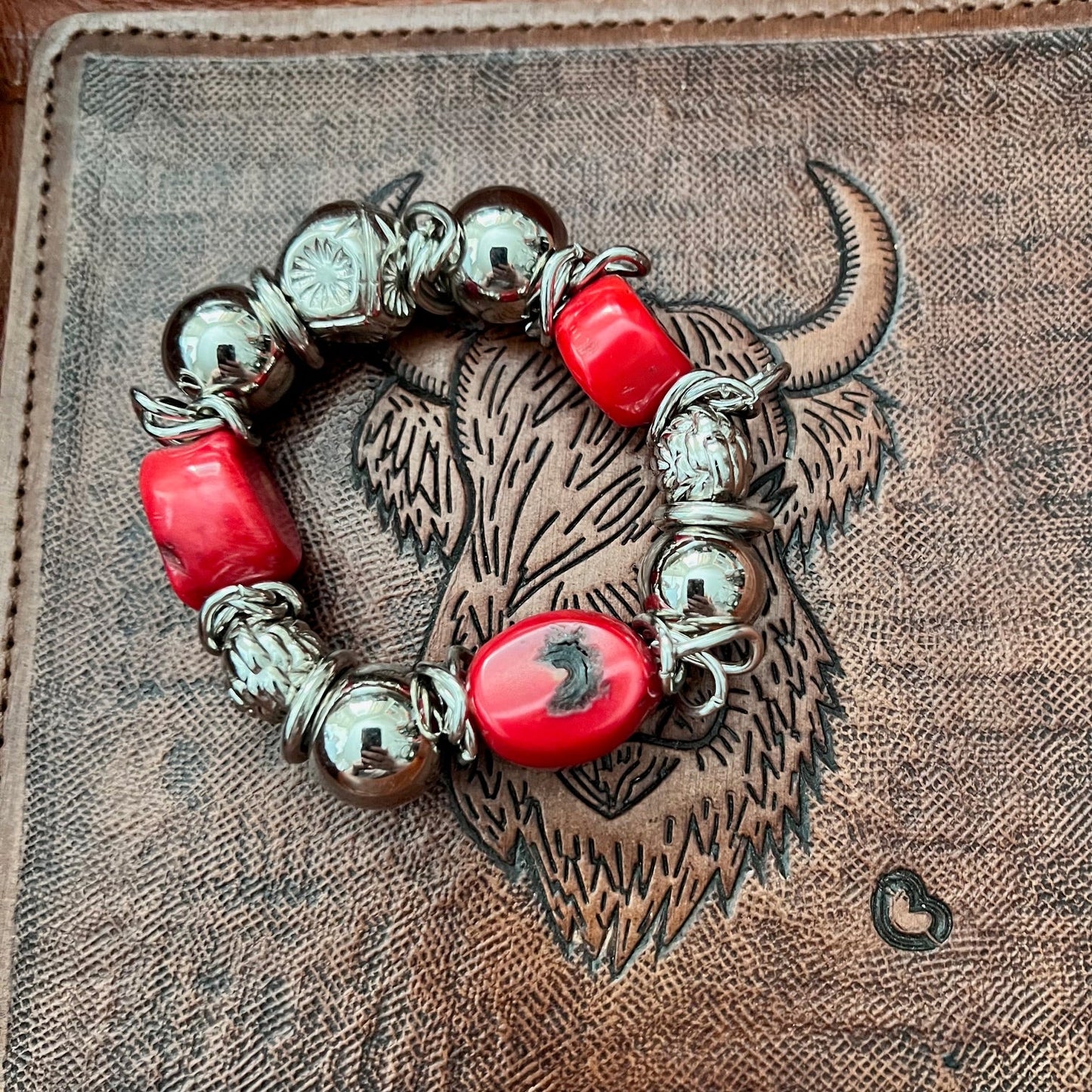 Red Fashion Coral and Silver Stretch Bracelet Cedar Hill Country Market